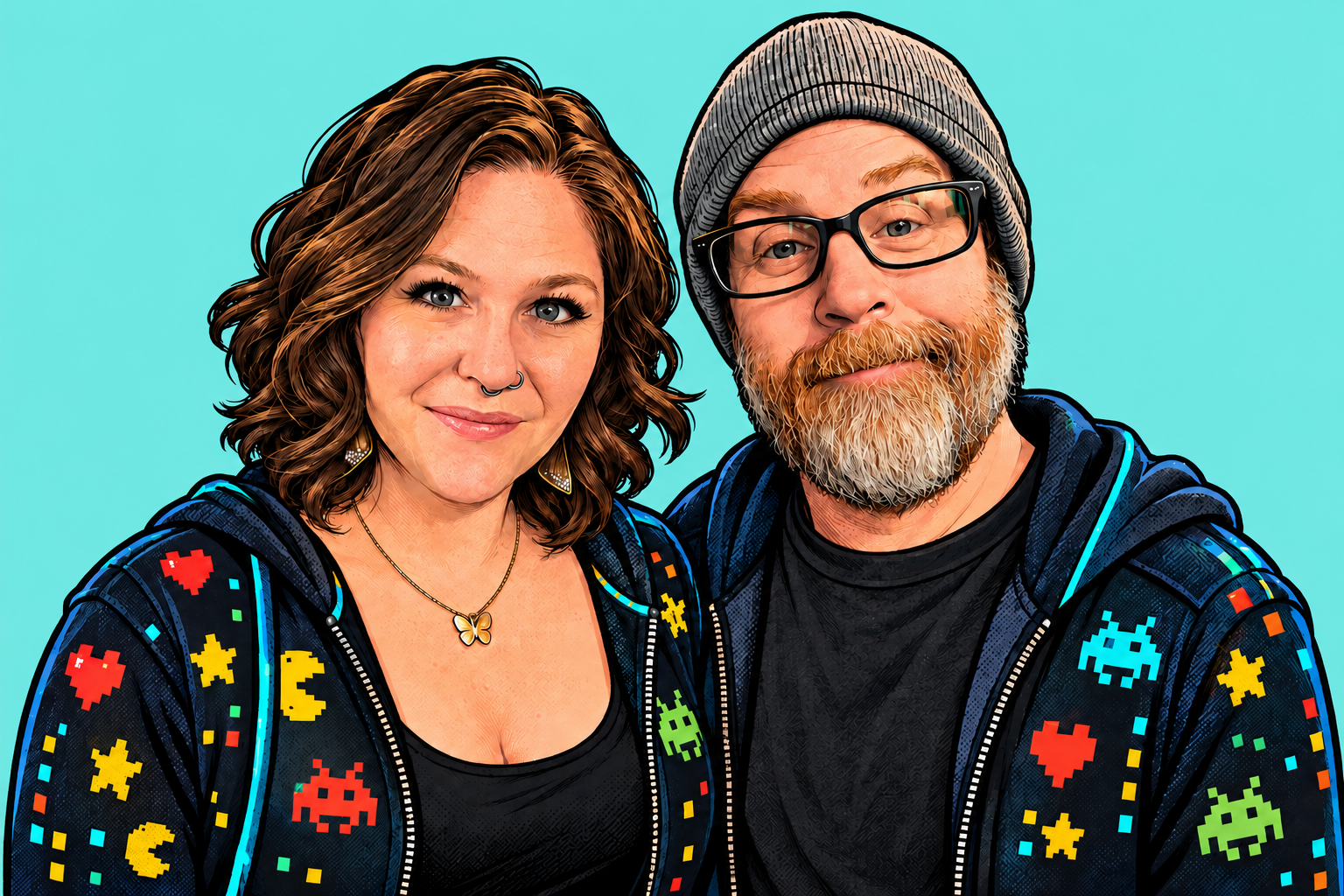 Illustrated portrait of Erin and Steve Jeffreys